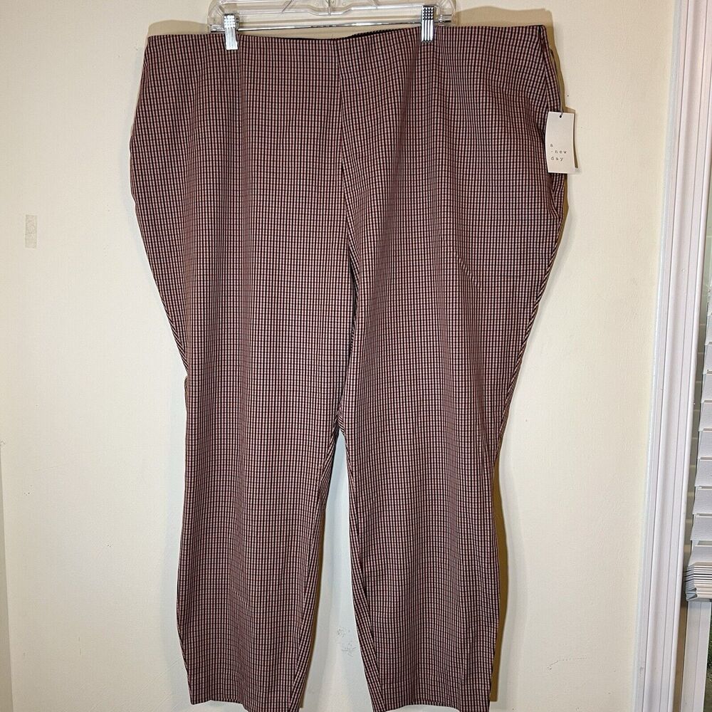 A New Day Ankle Pull On Pants Sz 24 Tan Brown Plaid Side Zip Tapered Leg New Tag